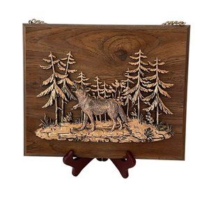 Vintage A&F 3-D Relief Art Copper Toned Wolf Scene On Wood Wall Plague Wildlife